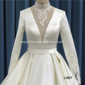 Pleating Ball Gown Custom Luxury Bridal Dress long sleeve V neck Plus Size satin Wedding Dress Bridal Gown